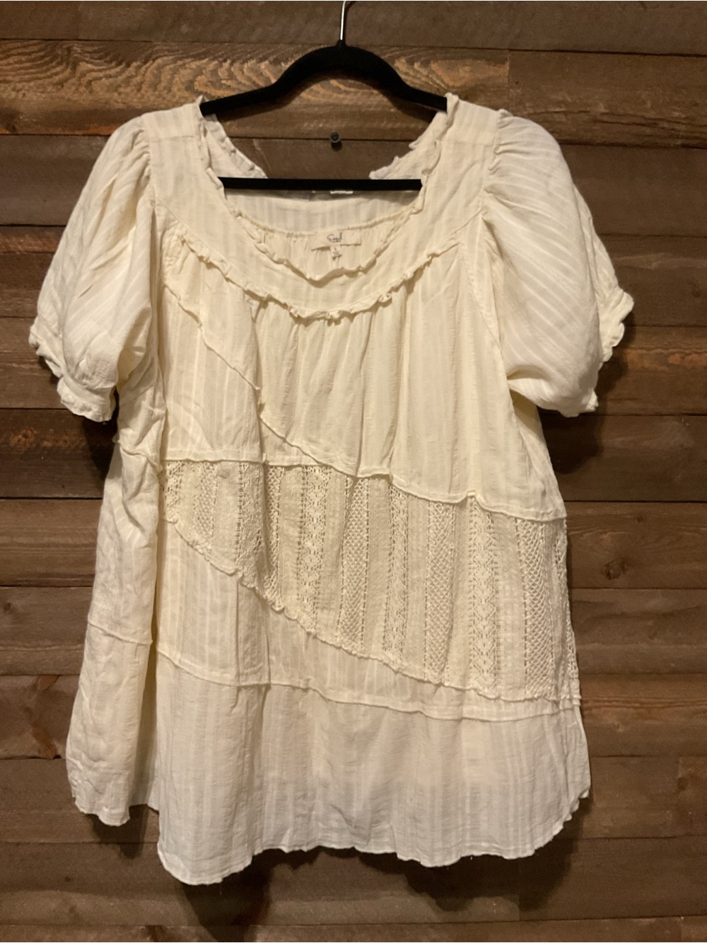 Easel Cream Lace Mix Woven Tunic Top Short Sleeve Boehemian Women’s Size Large